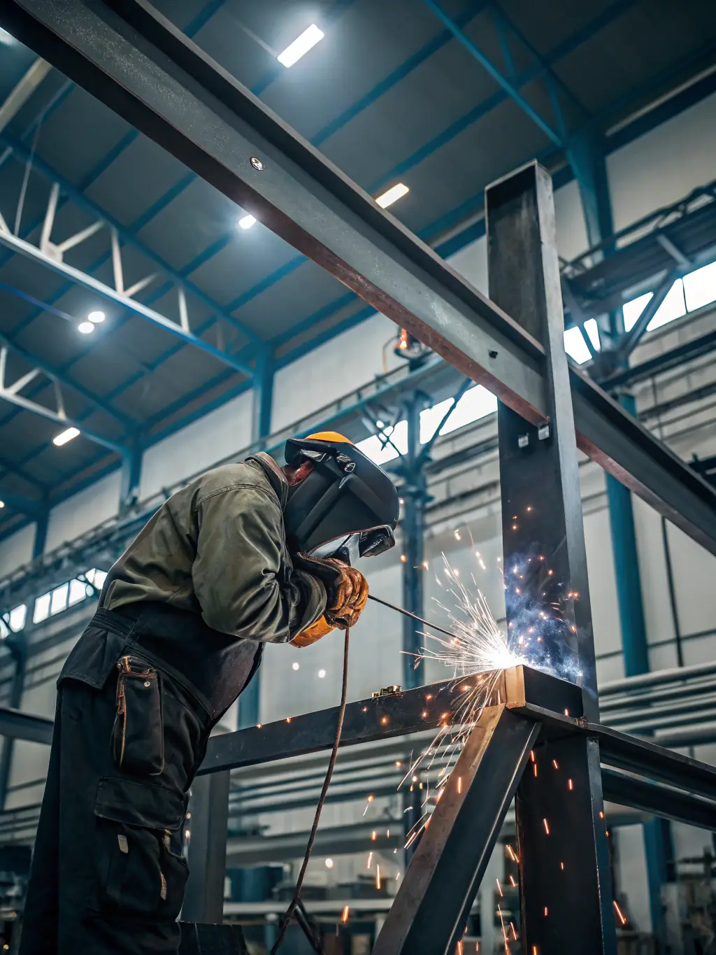 A close-up image of a steelworker welding a frame for a table, emphasizing the strength and durability of Urban Timber's steel components.