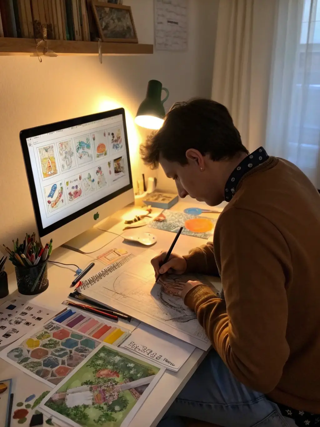 A designer sketching a new furniture piece, blending industrial elements with modern design principles, representing Urban Timber's creative process.