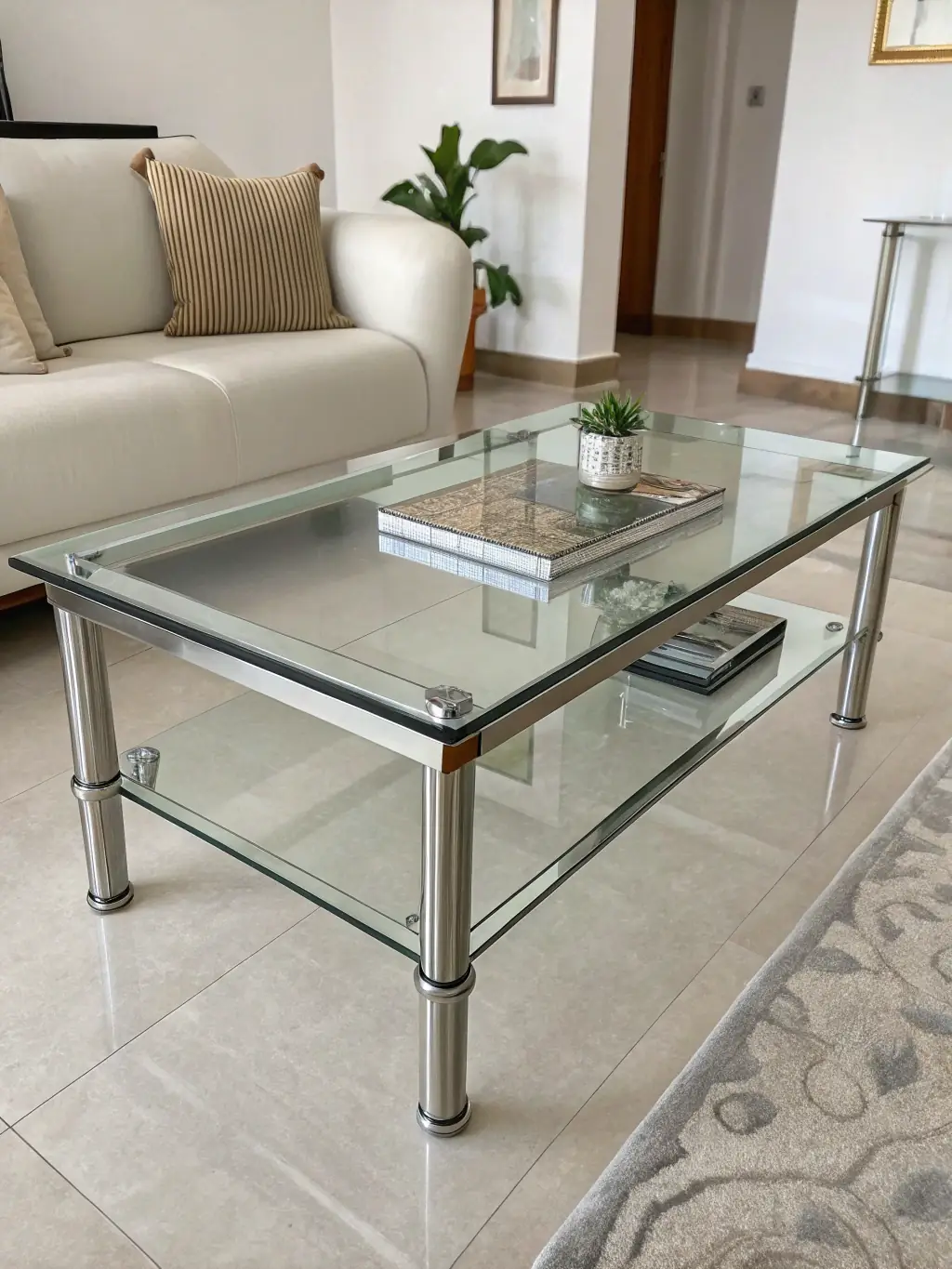 A finished Urban Timber coffee table in a stylish urban apartment, highlighting the blend of wood and steel in a real-world setting.